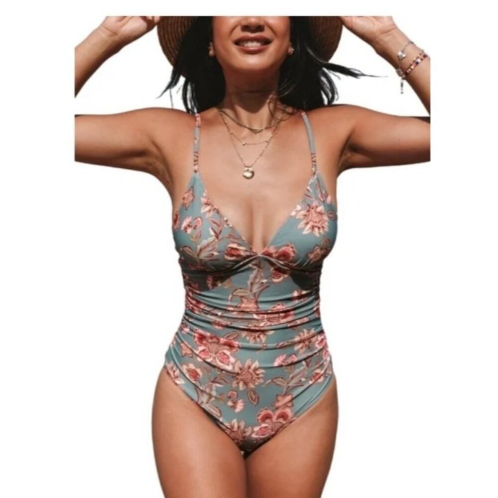 Cupshe Floral‎ Print One-Piece Swimsuit Adjustable Straps Blue Pink Size Small - Picture 6 of 7